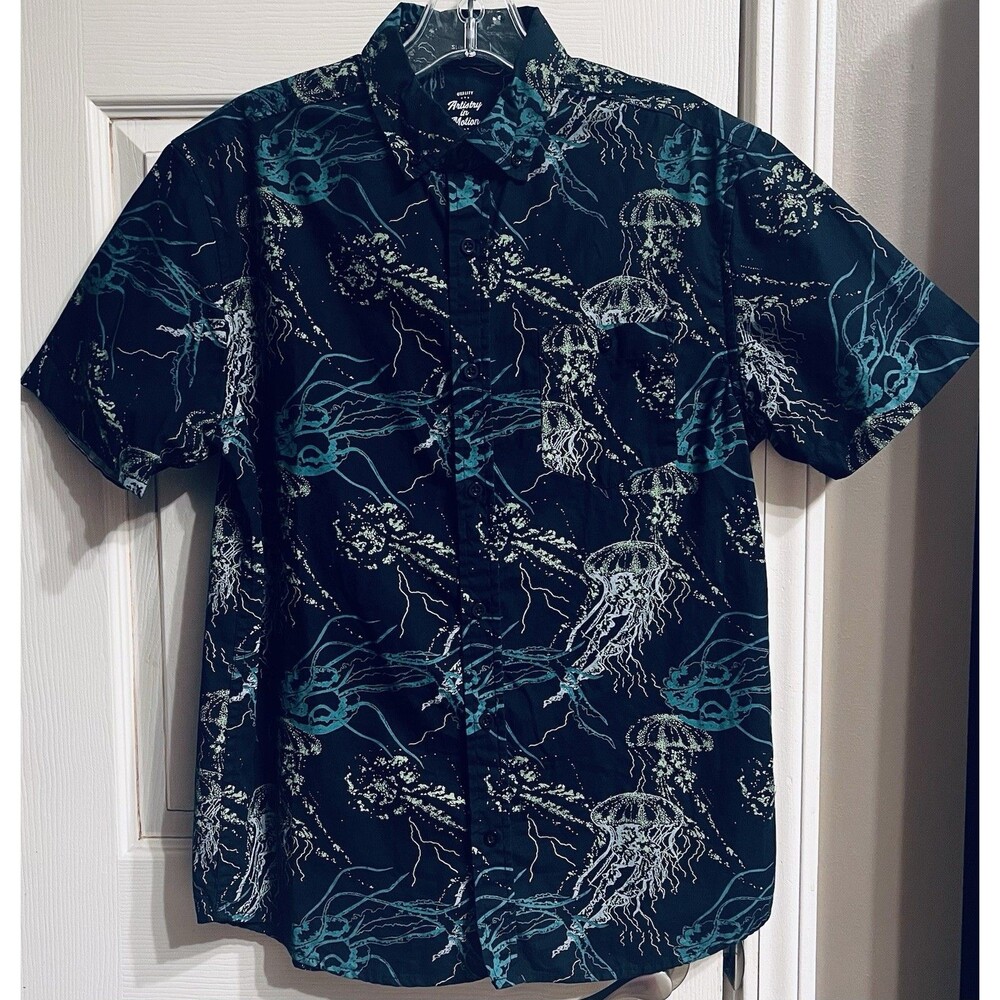 Artistry in Motion Mens Small Slim Fit Jellyfish Print Button Up Shirt Cotton